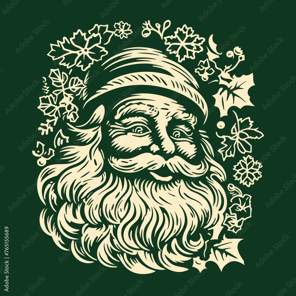lino print style, green, christmas santa with a white background сreated with Generative Ai