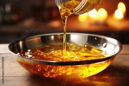 A close-up shot of honey being poured into a bowl