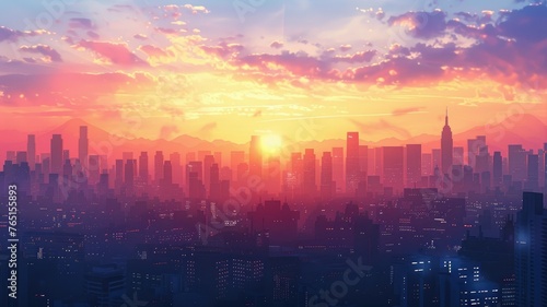 City skyline at sunset with vibrant skies - A mesmerizing urban skyline silhouetted against an orange and purple sunset sky, reflecting the city's dynamic nature
