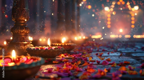 Diwali celebration with bright clay lamps - A festive scene capturing vibrant clay lamps during Diwali, the festival of lights, with a shower of petals