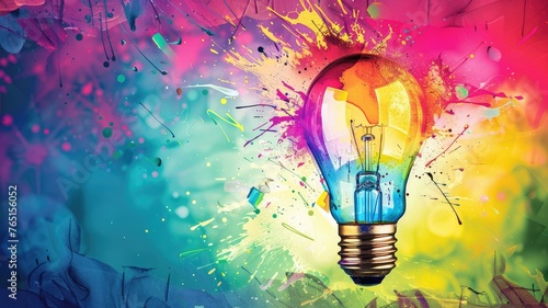 Exploding light bulb with vibrant paint splash - Creatively designed bursting light bulb with vivid paint splashes representing innovation