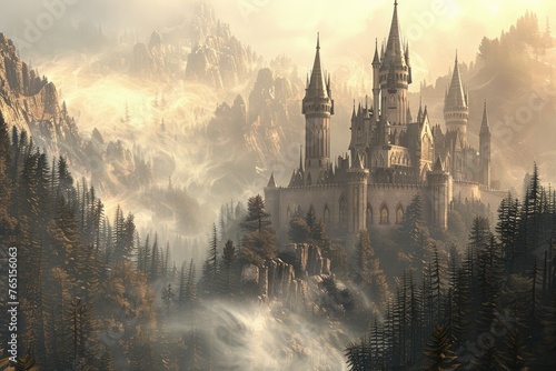 Fantasy Castle in Misty Forest Landscape Art - A mystical castle amidst a mist-shrouded forest, invoking a sense of magic, wonder, and ancient tales