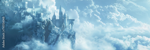 Fantasy castle in the clouds - A majestic fantasy castle perched atop soaring mountains surrounded by heavenly clouds  evoking a sense of a fairy tale