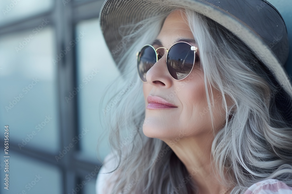 Face portrait middle aged mature woman in sun glasses and hat. Mature old lady close up. Healthy face skin care and hair beauty, middle and old age cosmetics