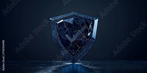 Ensuring Cybersecurity with a Dark Blue Polygonal Wireframe Shield and Check Mark Symbol. Concept Cybersecurity, Dark Blue Shield, Polygonal Design, Check Mark Symbol