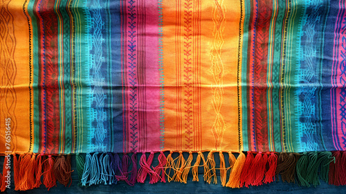 Cinco De Mayo Celebrations: Multi-color Striped Mexican Poncho Background, Traditional May 5th Fiesta Blanket Rug Pattern - Vibrant Copy Space Holiday Image 