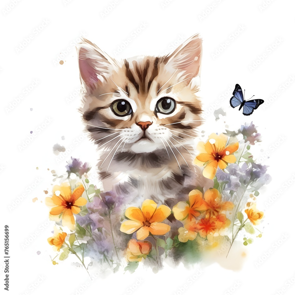 Watercolor Cute Kitten Clipart With Flowers