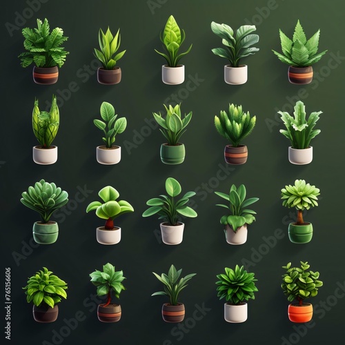 Set of green houseplants in pots isolated on black background. Vector illustration.