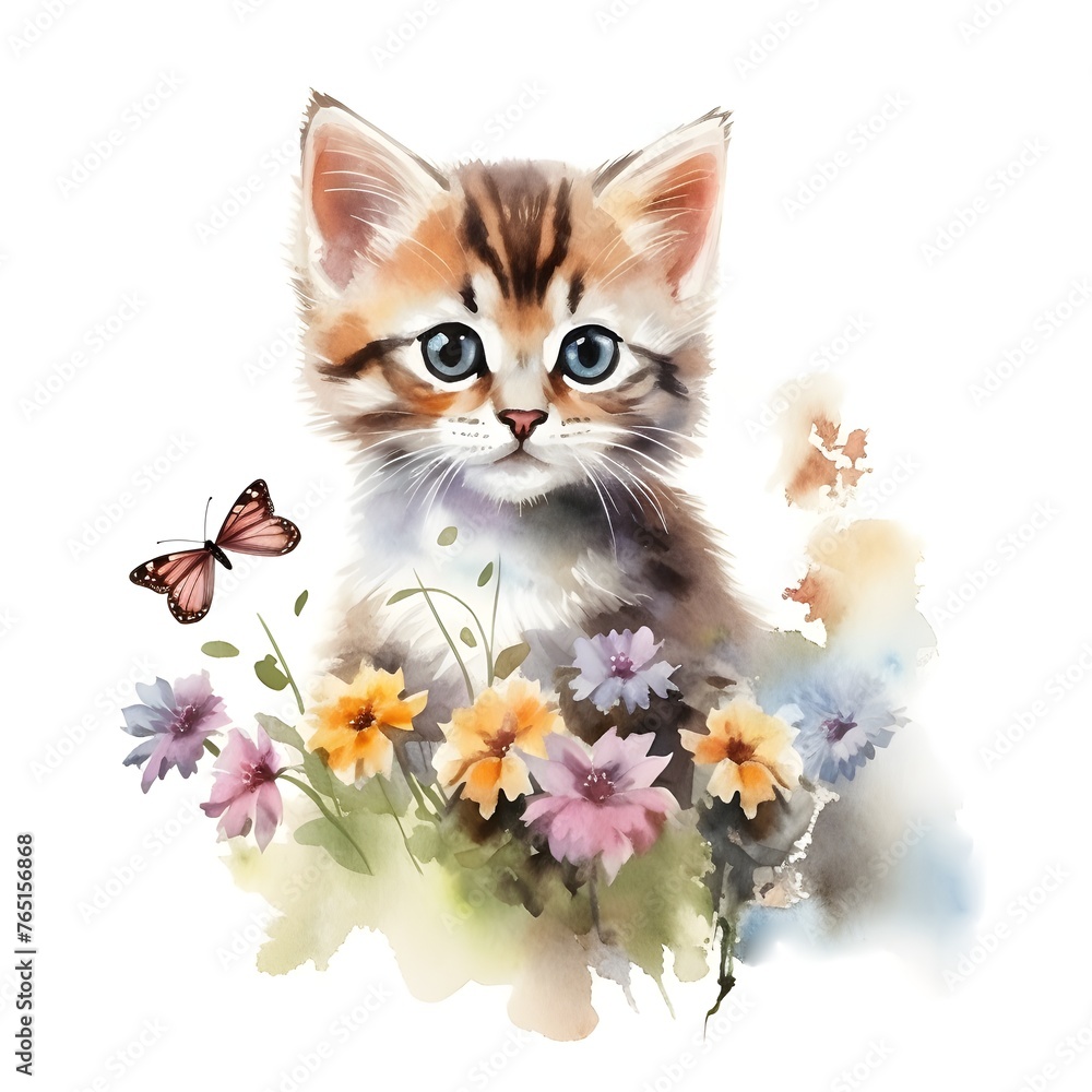 Watercolor Cute Kitten Clipart With Flowers