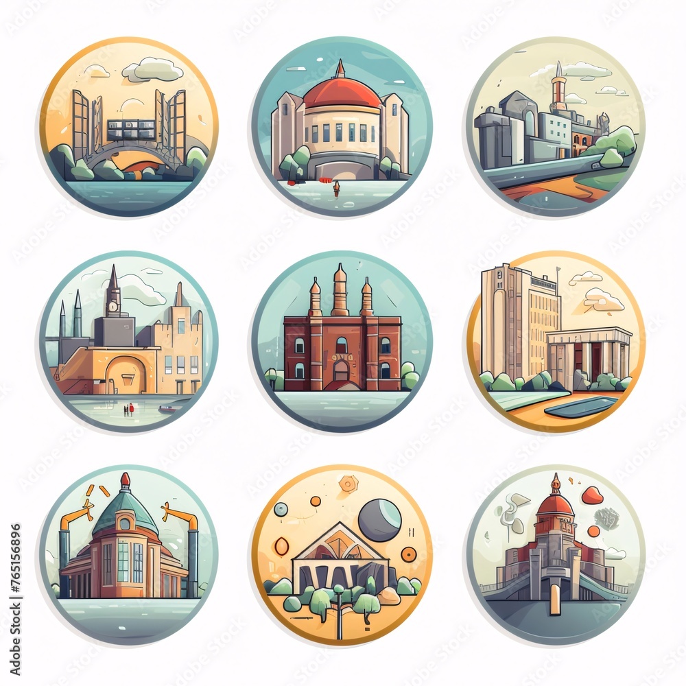 Set of round icons of european city. Vector illustration.