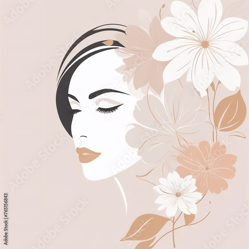 Abstract female face in one line. Woman face with flowers Surreal Line art female floral girl. Minimalism Abstract modern Continuous single line woman face portrait 