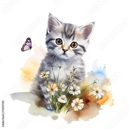 Watercolor Cute Kitten Clipart With Flowers