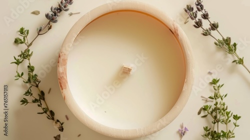 a wooden bowl sitting on top of a table next to a bunch of purple flowers and a small square object in the middle of the bowl.