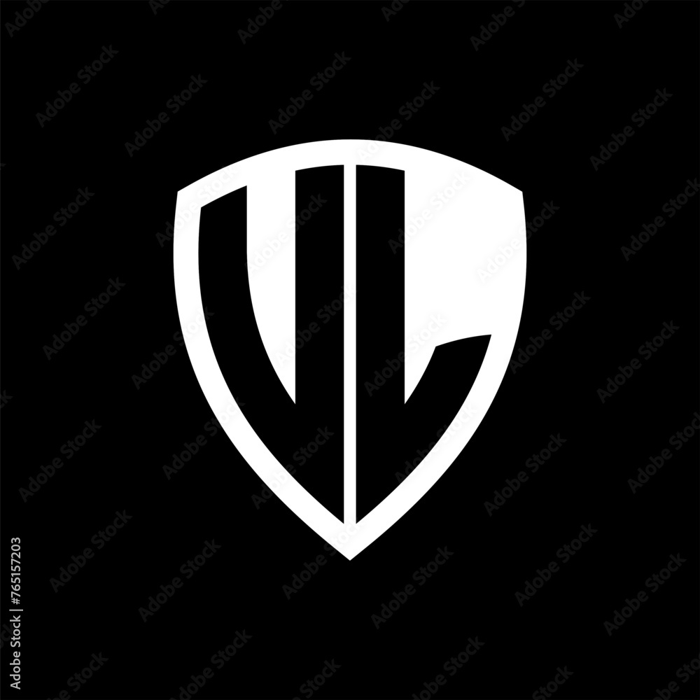 UL monogram logo with bold letters shield shape with black and white color design UL monogram logo with bold letters shield shape with black and white color design