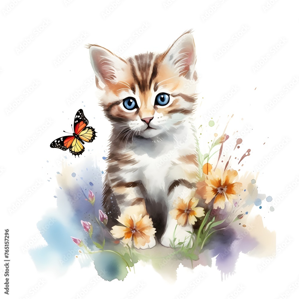 Watercolor Cute Kitten Clipart With Flowers