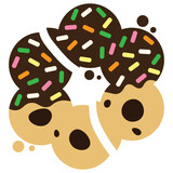 Cracked chocolate chip cookies coated with chocolate and sugar flake cartoon. Vector illustration.	