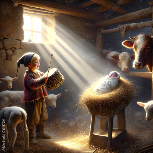 A little drummer boy with curly hair plays a drum beside a newborn lying in a manger, surrounded by farm animals with sunlight streaming through a barn window 