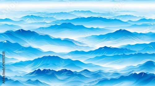 a painting of a mountain range with a blue sky and white clouds in the middle of the image is an illustration of a blue mountain range with white clouds in the foreground. © Alice
