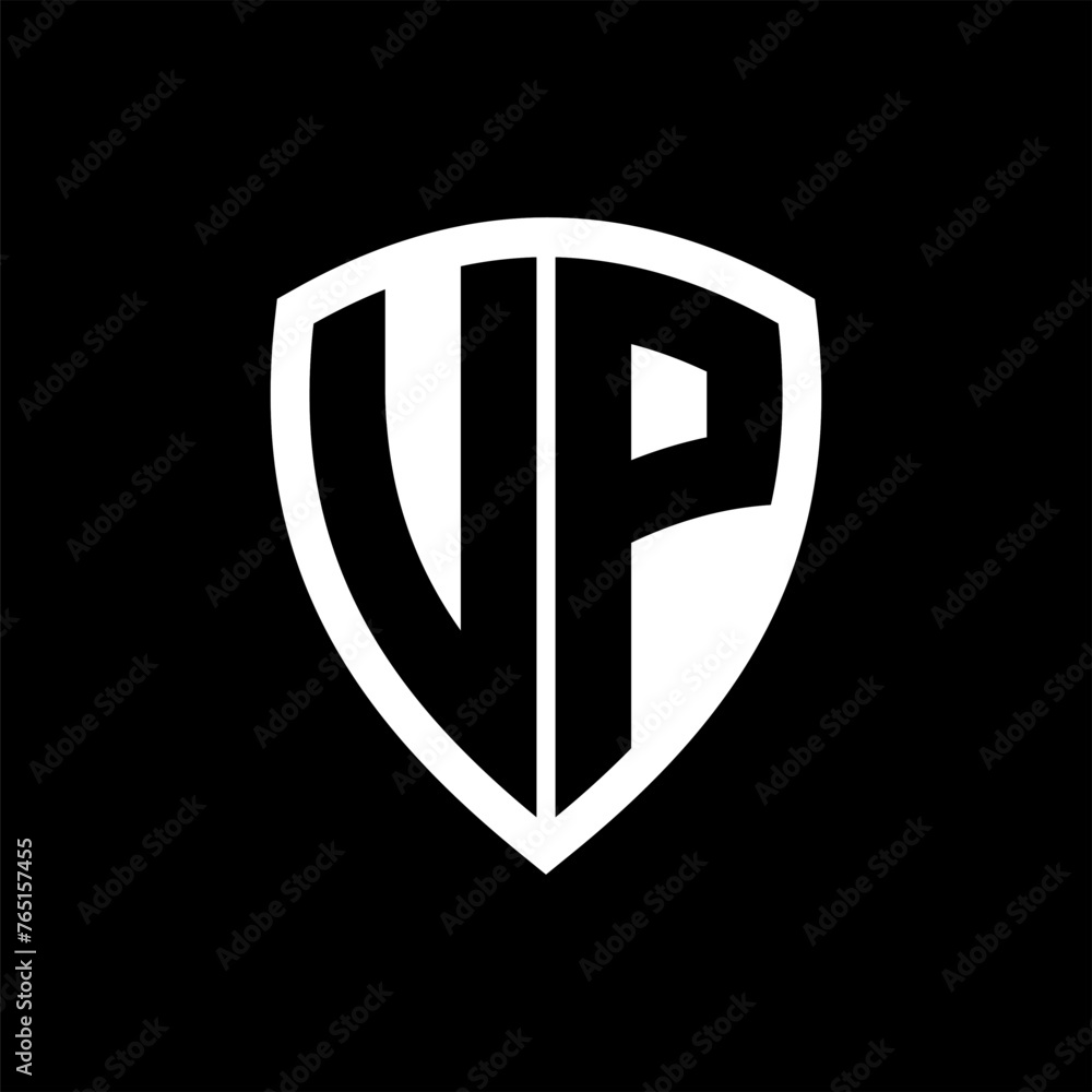 UP monogram logo with bold letters shield shape with black and white color design UP monogram logo with bold letters shield shape with black and white color design