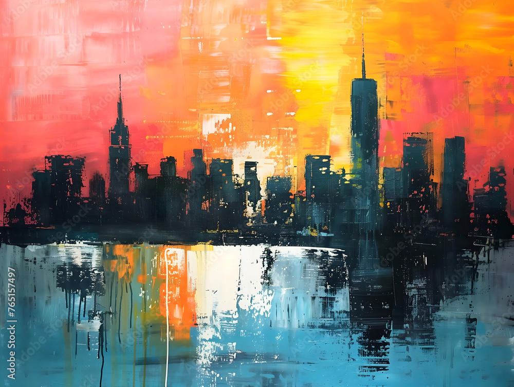 Abstract painting, New York cityscape wall art, artistic background, wallpaper, oil on canvas digital art