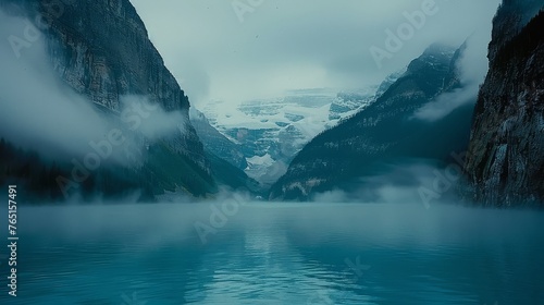 a body of water with a mountain in the background and fog hanging over the water and mountains in the distance.