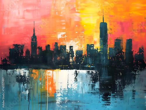 Abstract painting  New York cityscape wall art  artistic background  wallpaper  oil on canvas digital art