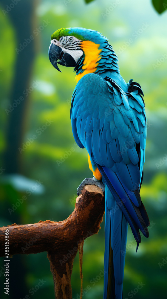 a blue macaw bird on a tree branch, in the background of the Amazon jungle сreated with Generative Ai