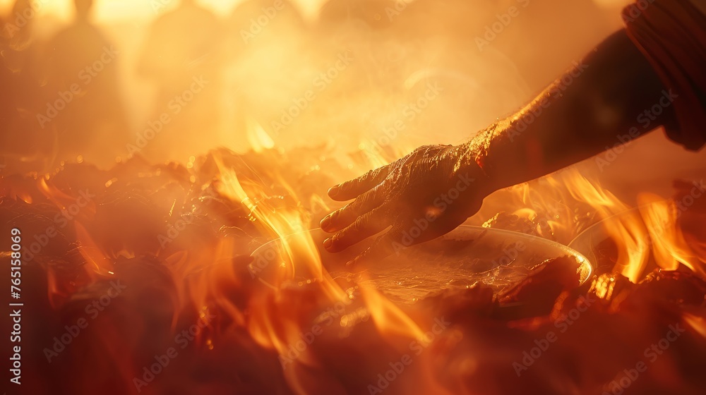 a close up of a person's hand reaching for a hot dog in a frying pan over a fire. - obrazy, fototapety, plakaty 