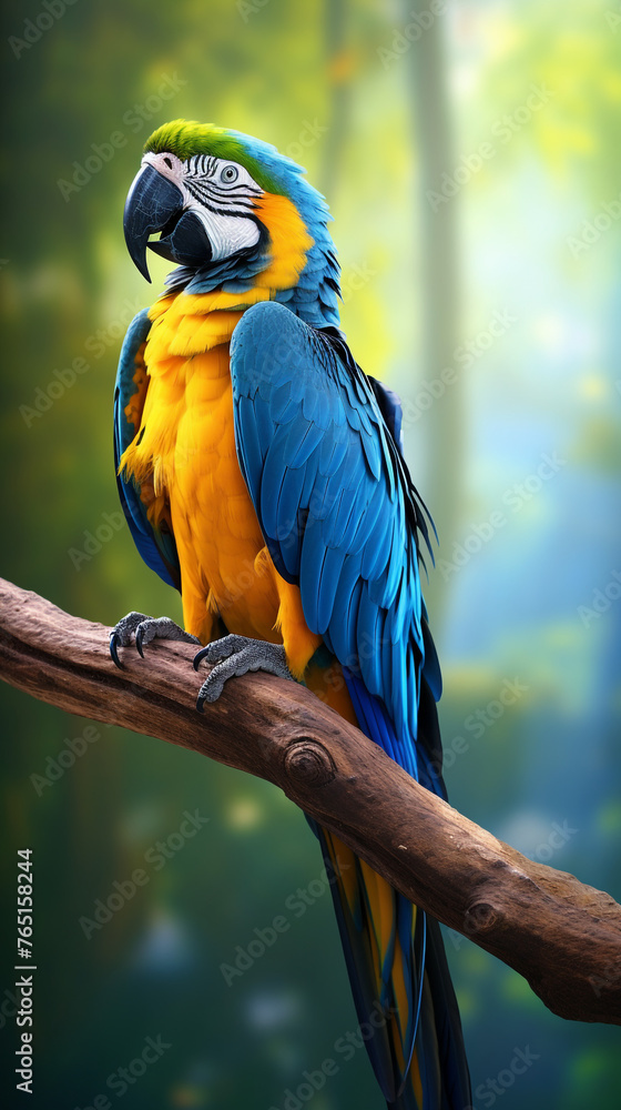 a blue macaw bird on a tree branch, in the background of the Amazon jungle сreated with Generative Ai a blue macaw bird on a tree branch, in the background of the Amazon jungle сreated with Generative Ai