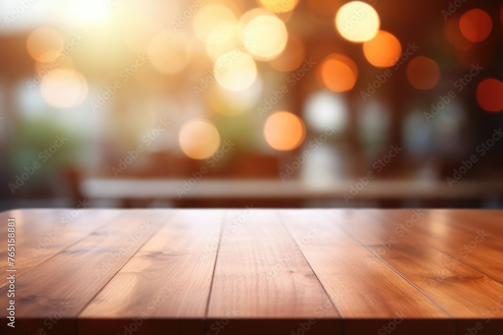 A wooden table with blurry lights in the background