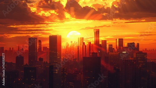 Golden sunset lighting up a modern city - A warm golden sunset casts light on a city skyline, symbolizing endings and the urban life cycle photo
