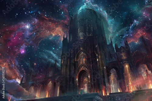 Gothic cathedral glowing in an interstellar expanse - Fantasy digital art featuring an imposing gothic cathedral glowing with warm lights set against a dynamic interstellar expanse