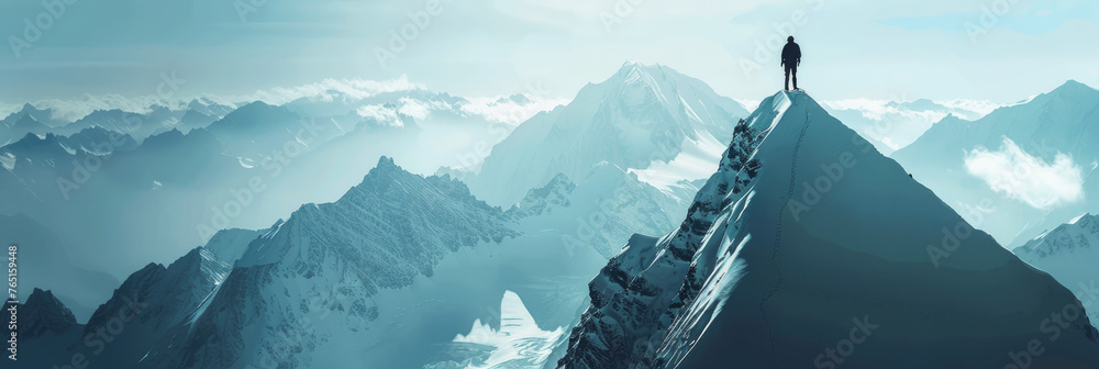 Man standing on snowy mountain peak panorama - A lone man stands contemplating on a snowy mountain peak with a panoramic view of the majestic mountain range - obrazy, fototapety, plakaty 