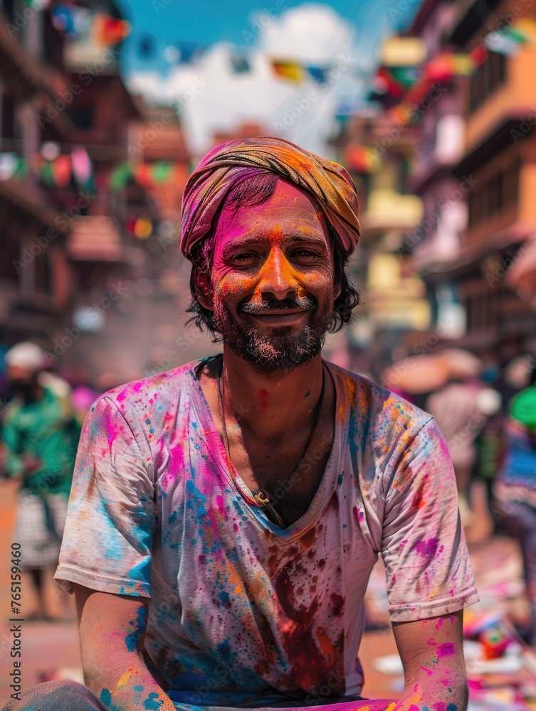 Man smeared with Holi colors in busy marketplace - Portrait of a man with a serene expression smeared in colors at a bustling marketplace during Holi