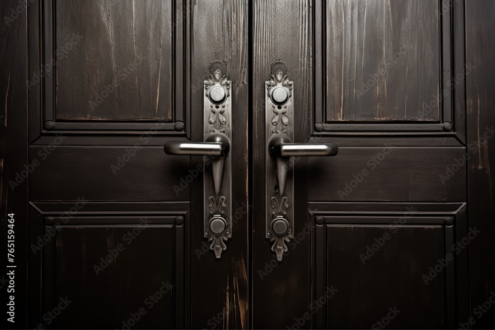 Close up of a door handle on a wooden door, suitable for home decor - obrazy, fototapety, plakaty 
