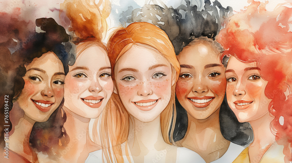 Harmony in Diversity: Watercolor Celebration of Five Women's Multicultural Beauty