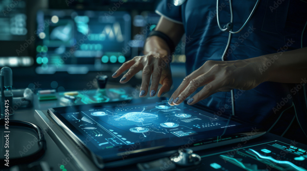 A healthcare professional is interacting with a futuristic digital tablet displaying medical data. A healthcare professional is interacting with a futuristic digital tablet displaying medical data.