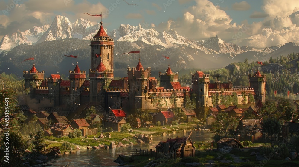 Medieval castle in a fantasy landscape - Stunning fictional scene of a medieval castle amidst mountains, evoking fantasy - obrazy, fototapety, plakaty 