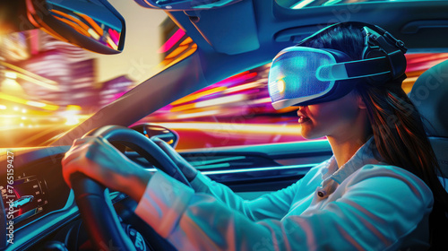 An energetic image capturing a woman in a VR headset during an electrifying ride against a digitally illuminated cityscape