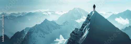 Man standing on snowy mountain peak panorama - A lone man stands contemplating on a snowy mountain peak with a panoramic view of the majestic mountain range © Mickey