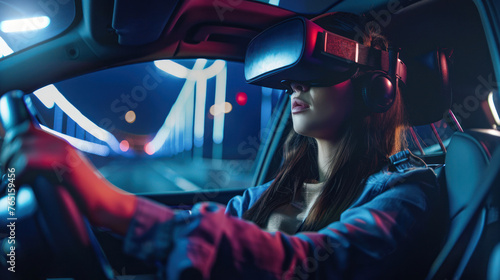 A focused woman is immersed in a virtual reality experience while driving a car with neon lights reflecting in the interior © Fxquadro