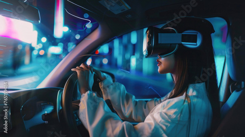 A scene depicting a night-time drive enhanced by a virtual reality headset creating a connection with digital spaces