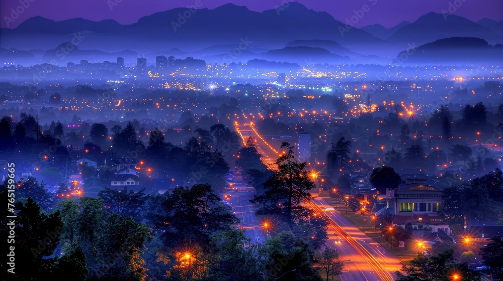 a view of a city at night with a lot of lights on the street and a lot of trees in the foreground.