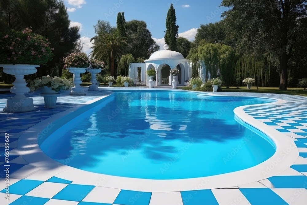 A blue and white checkered pool with a gazebo in the background