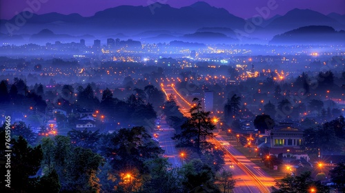 a view of a city at night with a lot of lights on the street and a lot of trees in the foreground.