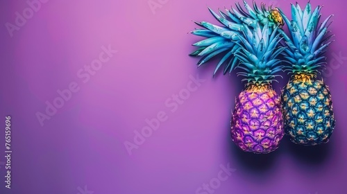 a couple of pineapples sitting on top of each other on top of a purple surface with a purple background.