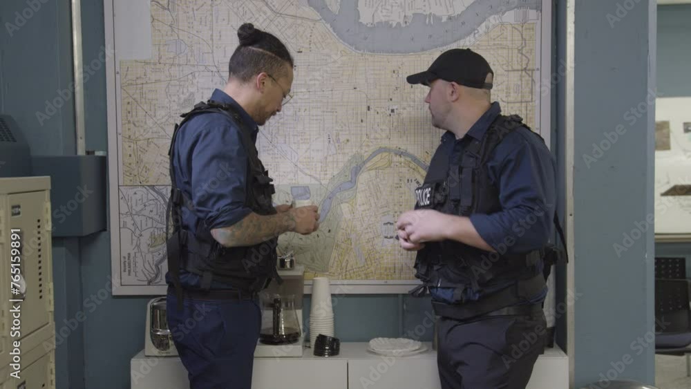 Talking police officers together over coffee Talking police officers together over coffee