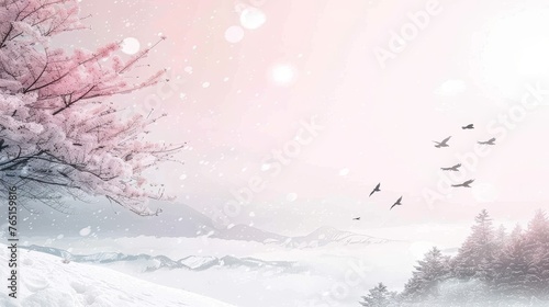 a snowy landscape with a flock of birds flying in the sky and a tree in the foreground with snow on the ground.
