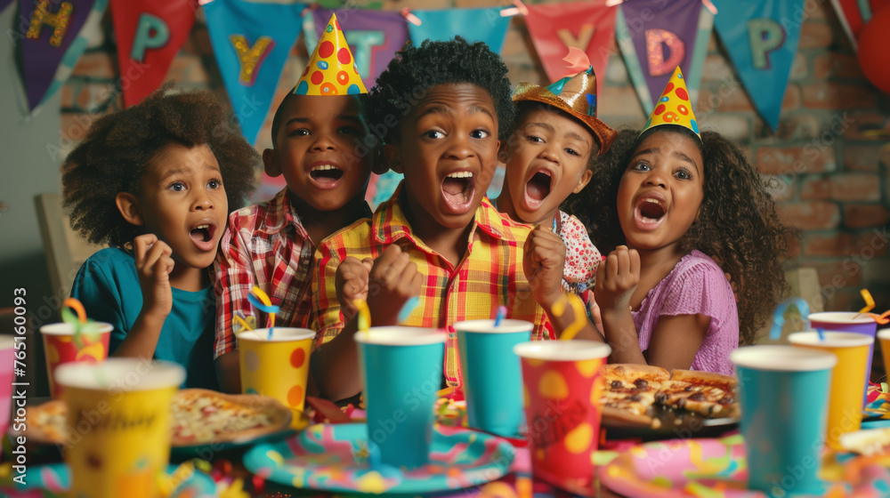 Excited kids gather around a birthday cake with candles at a party. Excited kids gather around a birthday cake with candles at a party.