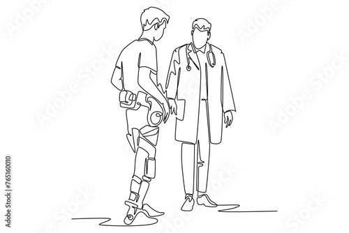 Simple continuous line drawing of man Walks while Wearing Advanced Robotic Exoskeleton Legs. modern Hospital Physical Therapy. modern medicine. Modern technology minimalist concept. Icon of technology